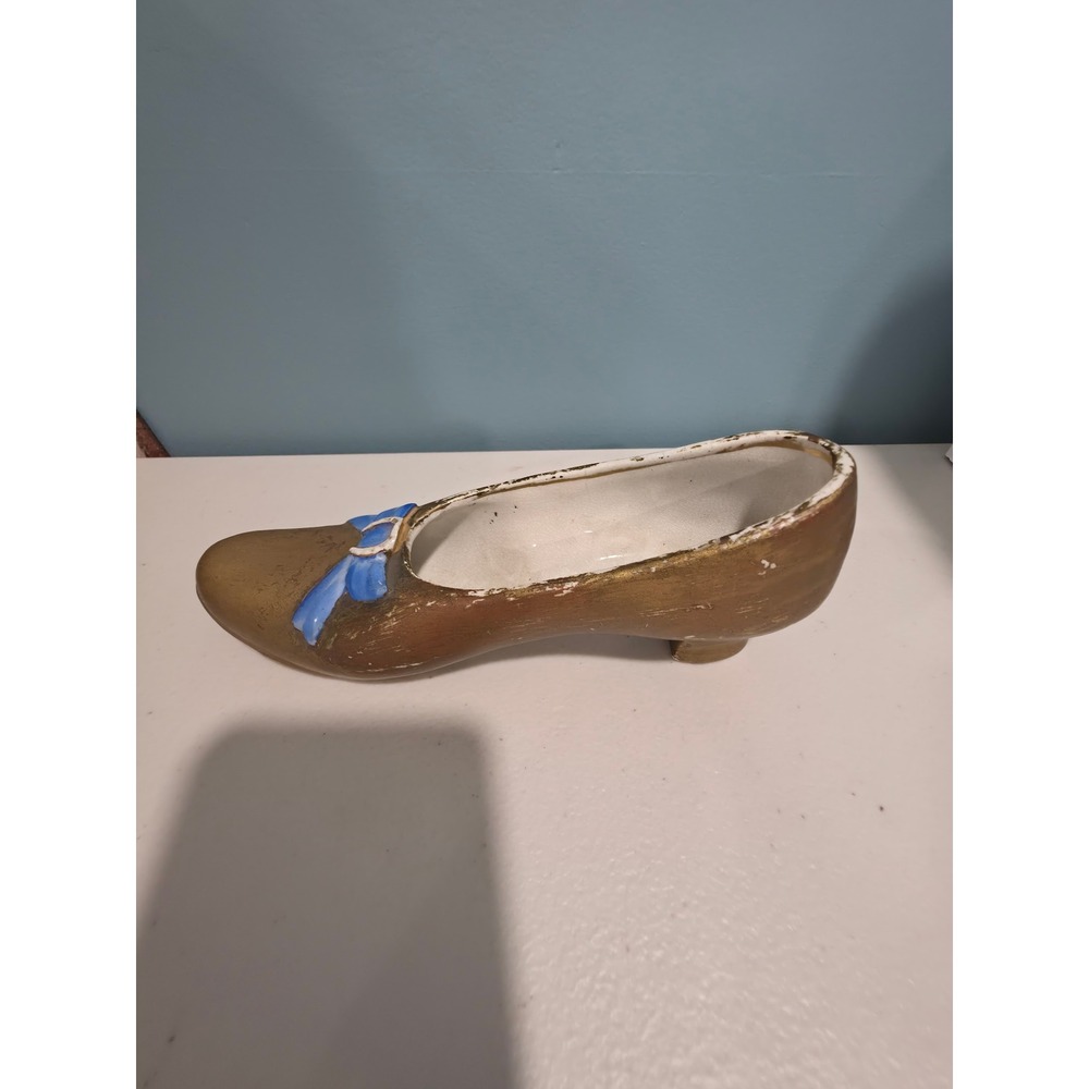 Vintage Ceramic Shoe Planter Gold with Blue Bow Hand Painted Trinket Dish Decor - Picture 2 of 6